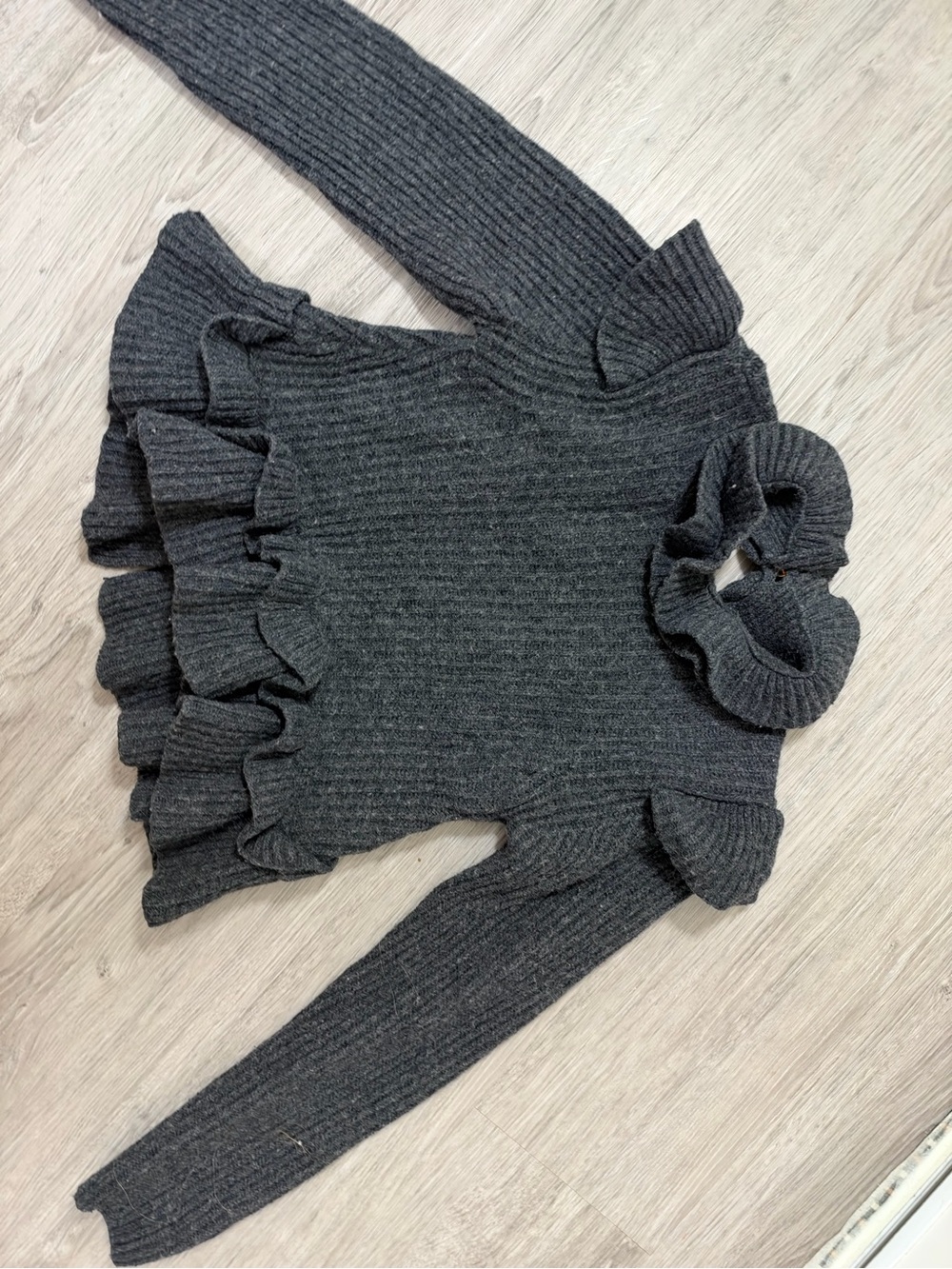 Ganni Charcoal Gray Ribbed Ruffle Turtleneck Sweater
